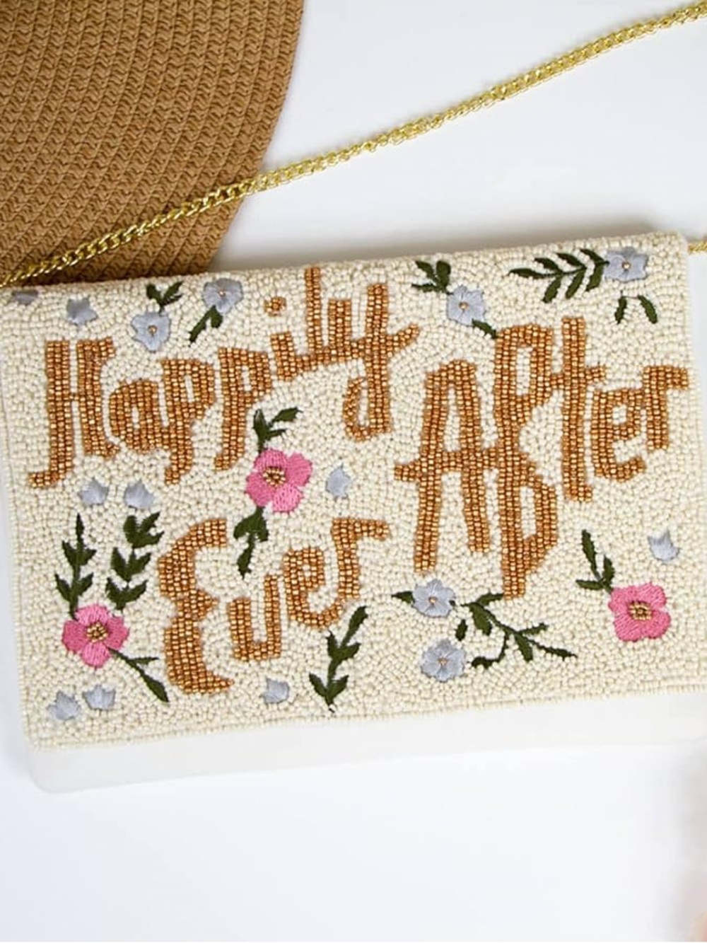 Beaded 'Happily Ever After' Floral Clutch - Cream & Pink